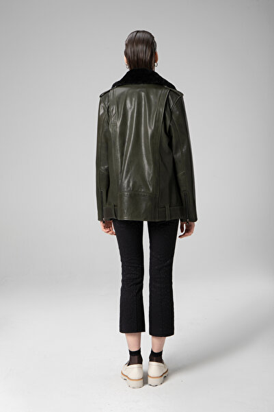 Dericlub Green Furry Leather Collar Women's Coat - Wm020 Savaki