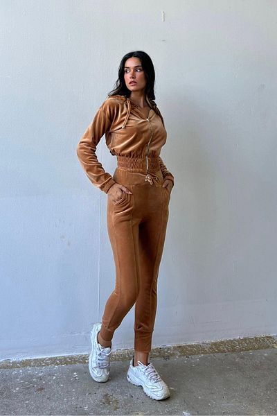 Mossta Σετ βελούδινη αθλητική φόρμα Tan Hooded