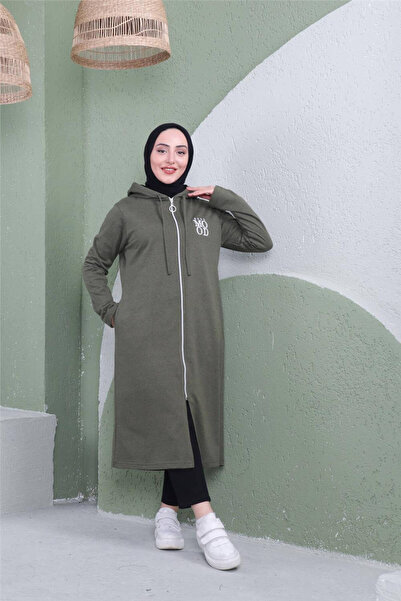 Bwest Yazı Baskılı Fermuarlı Kapşonlu Uzun Sweat - 03081.005 - Haki