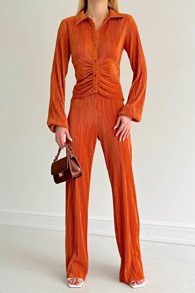 Mossta Stella Self Pleated Trousers Shirt Set Orange