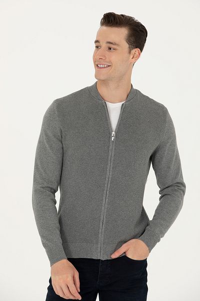 U.S. Polo Assn. Men's Gray Melange Basic Knitwear Cardigan 50269410 -Vr086