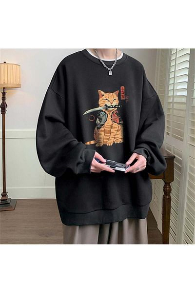 Touz Moda Φούτερ Killer Cat με στάμπα μαύρου Unisex Oversize Crew Neck