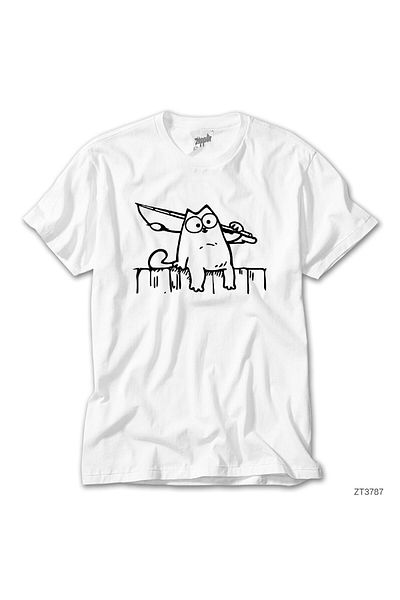 CrowsGate Cat White T-shirt with a knife
