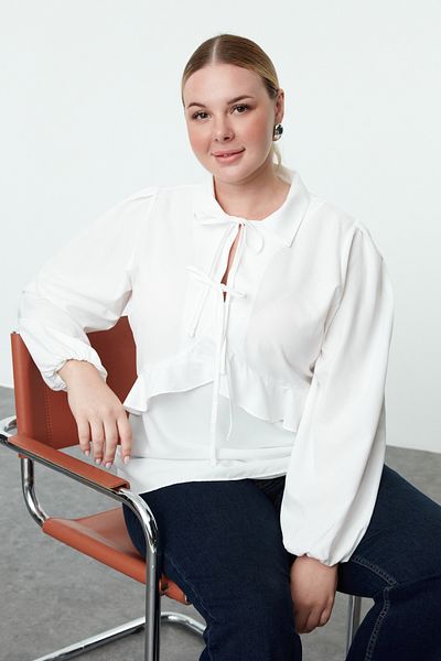Trendyol Curve Plus Size White Ruffle Long Sleeve Blouse - Tbbaw25af00035