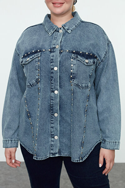 Trendyol Curve Μπλε φαρδύ τζιν μπουφάν Trock Plus Size