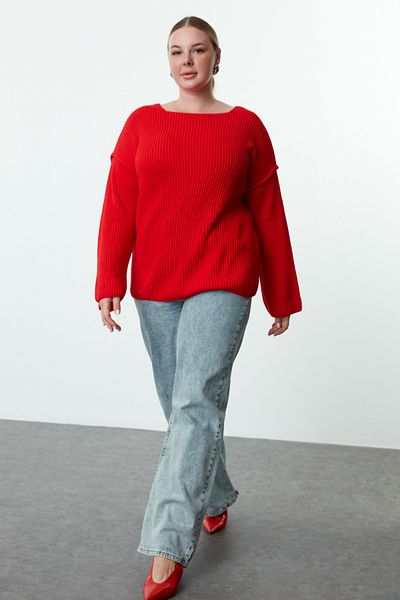 Trendyol Curve Boat Neck Red Knitwear Sweater - Stitching Detail Tbbaw25an00042