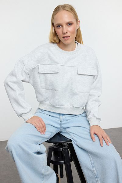 Trendyol Collection Ecru Knitted Sweatshirt - Pocket Detail, Crop/short Fit Twoaw25sw00229