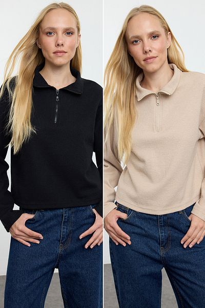 Trendyol Collection Thessaloniki černo-béžová pletená mikina se zipem, 2 balení - Twoaw25Sw00120
