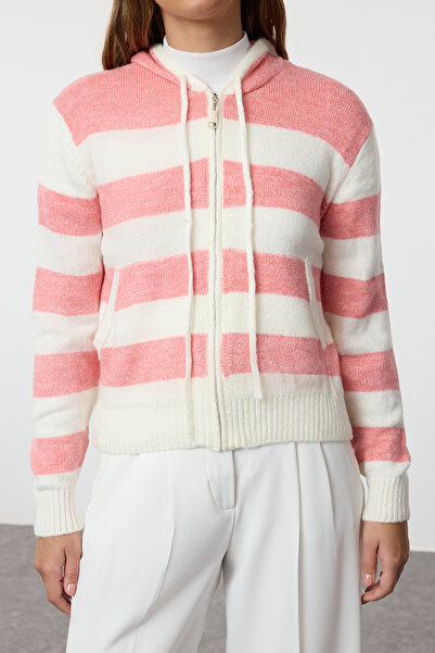 Trendyol Collection Soft Textured Hooded Ecru Knitwear Cardigan - Zippered TWOAW25HI00209