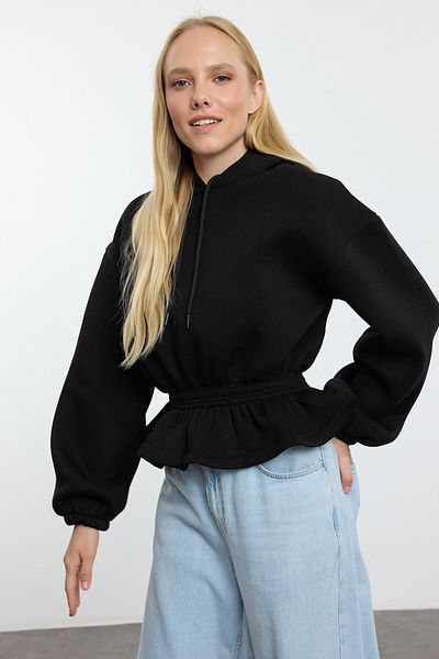 Trendyol Collection Суитшърт с голям размер от полар - черен, детайл с шнур, дебела вътрешна част - Twoaw25sw00166