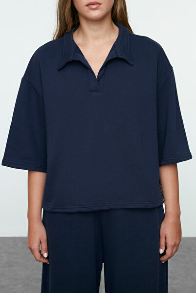 Trendyol Collection Navy Blue Polo Collar Three-quarter Sleeve Knitted Set - Relaxed Fit Twoaw25au00109