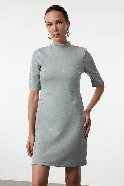 Trendyol Collection Light Anthracite Jewelled Short Sleeve Mini Knitted Pencil Dress - Skater Style Twoaw24El00395