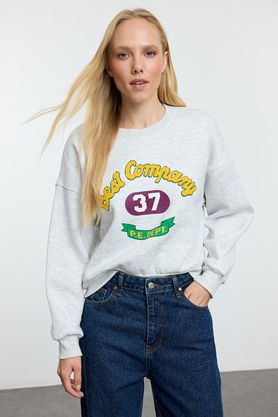 Trendyol Collection Knitted Ecru Sweatshirt - Regular Fit, Slogan Print, Twoaw25sw00230