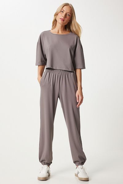Happiness İstanbul Graues Crop-T-Shirt und Jogger-Trainingsanzug-Set – FN03316