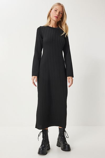 Happiness İstanbul Rochie de damă din tricotaje lungi cu nervuri negre - Decolteu JG00004