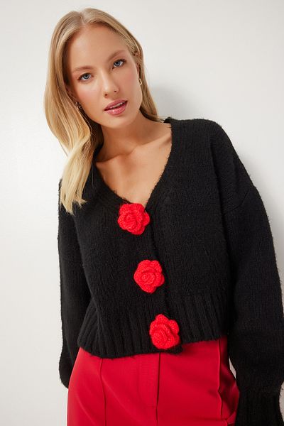 Happiness İstanbul Schwarzer Strick-Cardigan – Pompom-Blumendetail, Damen, PF00089