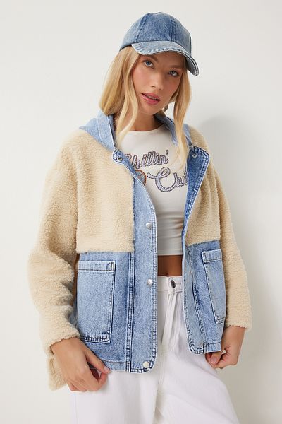 Happiness İstanbul Cremeblaue Plüschjacke – Kapuzenpullover und Jeansdetails, NT00435