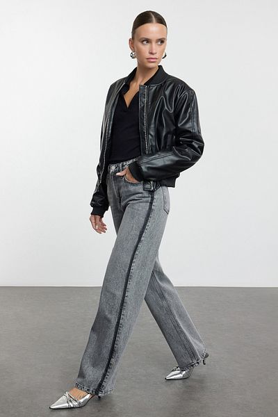 Trendyol Collection High Waist Anthracite Wide Leg Jeans - Sewing Detail Twoaw25Je00116