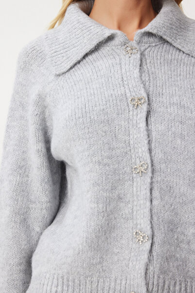 Happiness İstanbul Kadın Gri Şık Fiyonk Taş Düğmelı Polo Yaka Hırka PF00094