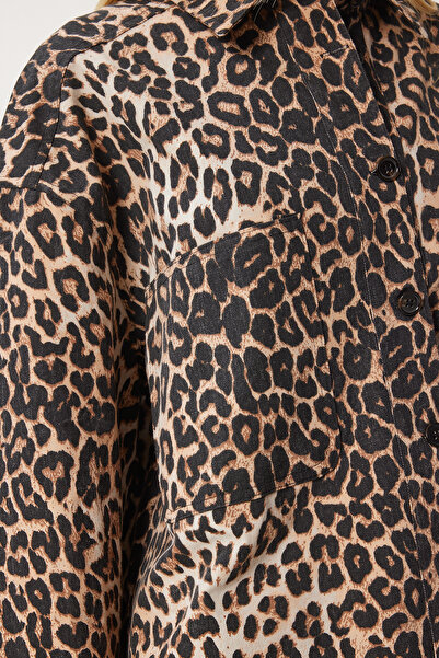 Happiness İstanbul Fekete leopárdmintás női gabardin ing - Mink RV00203