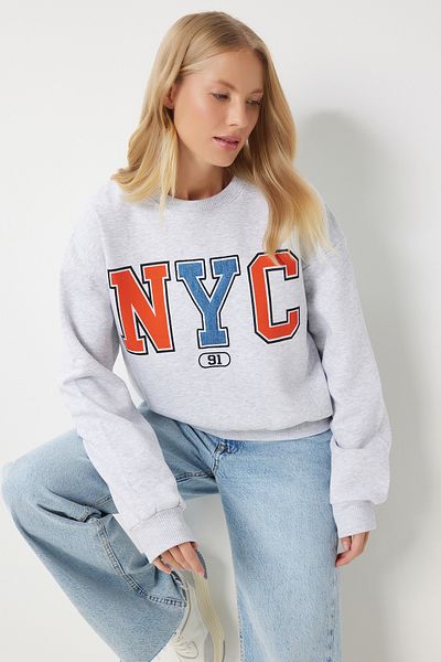 Happiness İstanbul Graues Slogan-Strick-Sweatshirt für Damen – besticktes Kapuzenpullover MP00028