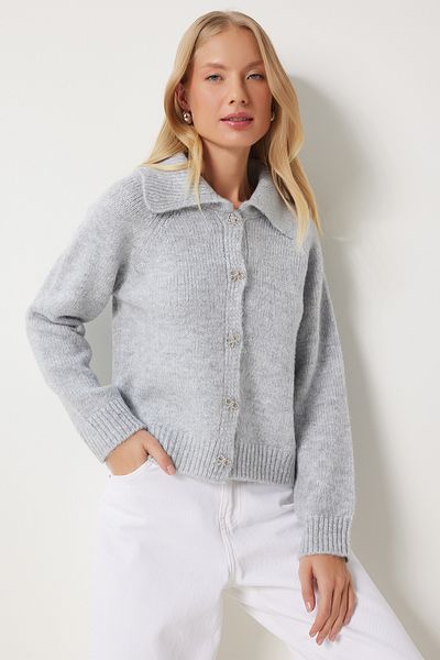 Happiness İstanbul Sivý pólový golier s mašličkou Stone Cardigan - dámsky Pf00094