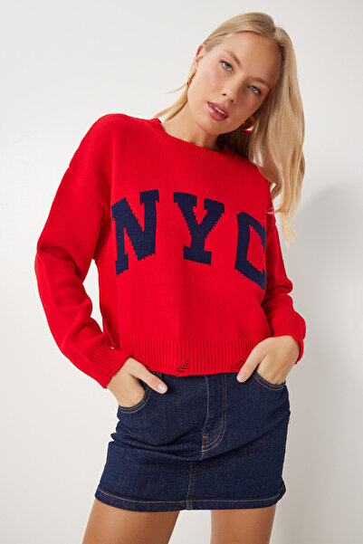 Happiness İstanbul Red Knitwear Sweater - Ripped Detail, Women'S, Dp00215