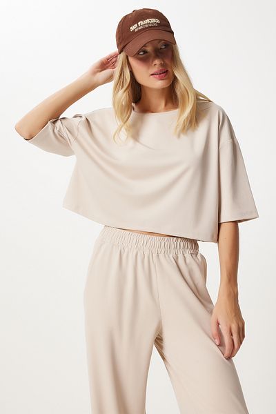 Happiness İstanbul Cremefarbenes Crop-T-Shirt- und Jogger-Trainingsanzug-Set für Damen – FN03316