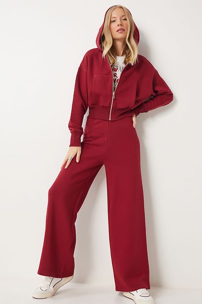 Happiness İstanbul Damen-Jogginghose mit weitem Bein in Burgunderrot, dick, OW00052