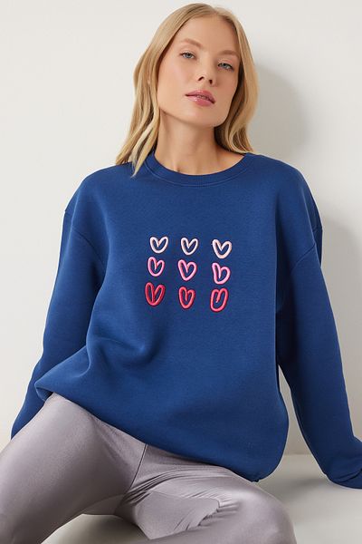 Happiness İstanbul Marineblaues Damen-Sweatshirt mit aufgesticktem Herz und Roségold OW00004