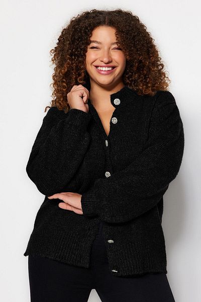 Trendyol Curve Strickwaren Schwarzer Cardigan mit Schmucksteinen - Geknöpft, TBBAW24AV00019