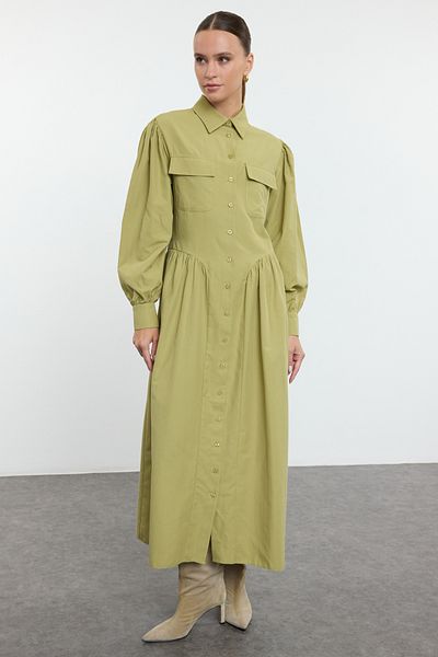 Trendyol Modest Πουκάμισο φόρεμα με λεπτομέρεια από λαδί πράσινο ποπλίνα - με κουμπιά TCTAW25EB00111