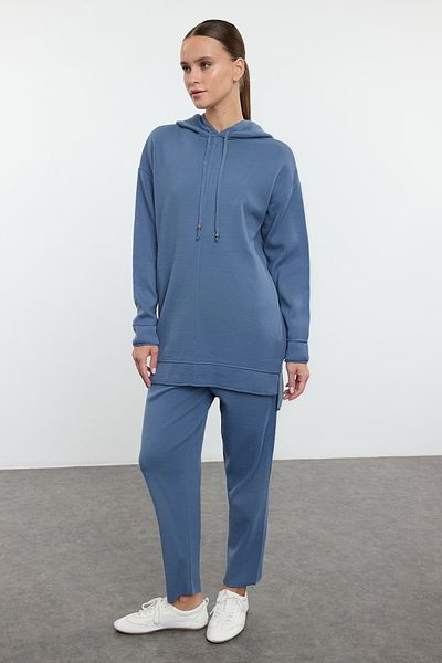 Trendyol Modest Indigó kötöttáru kapucnis pulóver és nadrág szett - TCTAW25US00021