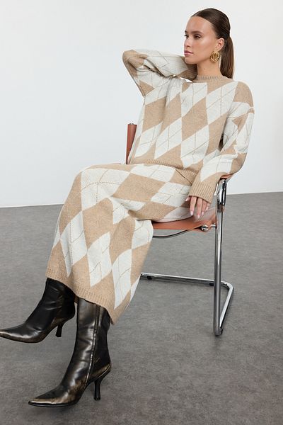 Trendyol Modest Jacquard Beige Baklava Knitwear Set - Lower & Upper Tctaw25Us00091