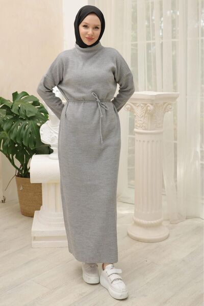hafsamina Gray Spanish Sleeve Tied Knitwear Dress - Hm2530