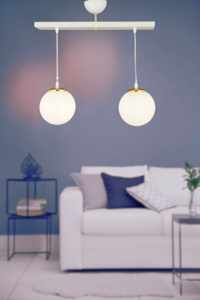 Kraliçe Sıralı Beyaz 2'li Beyaz Glop Camlı Sarkıt Lüks Avize