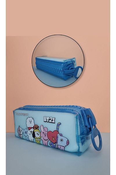 TOYFEST BTS BT21 حامل أقلام رصاص عملاق بسحاب شفاف - أزرق فاتح