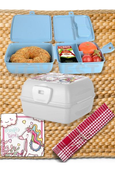 TOYFEST 2 Layers and Lid School Lunch Box with Fork & Spoon Storage Container - Unicorn Model - 1 PC