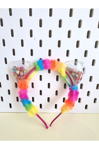 TOYFEST Πολύχρωμο βελούδινο στέμμα πάρτι με αυτιά γάτας με χάντρες - Ουράνιο τόξο - Δεν περιλαμβάνει κούκλα