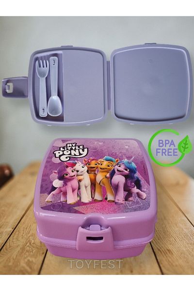 TOYFEST 2 Tiers 4 Compartments Square Lunch Box with Lock Lid and Spoon and Fork - My Little Pony Themed