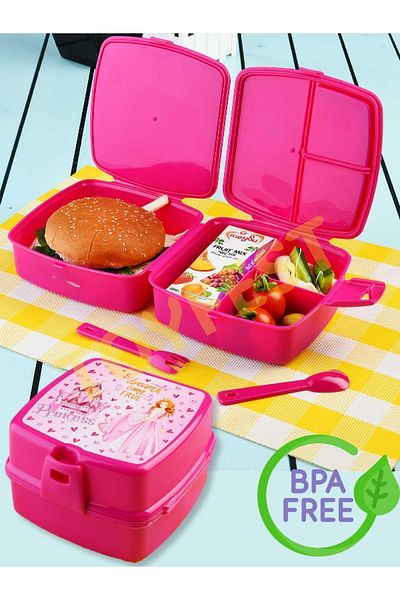 TOYFEST Lock Lid 2 Tiers 4 Compartments Lunch Box & Lunch Box with Spoon and Fork - Princess Themed