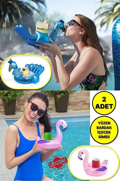 TOYFEST 2 Pieces - Inflatable Floating Beverage Cup Holder with Pelican and Peacock Model