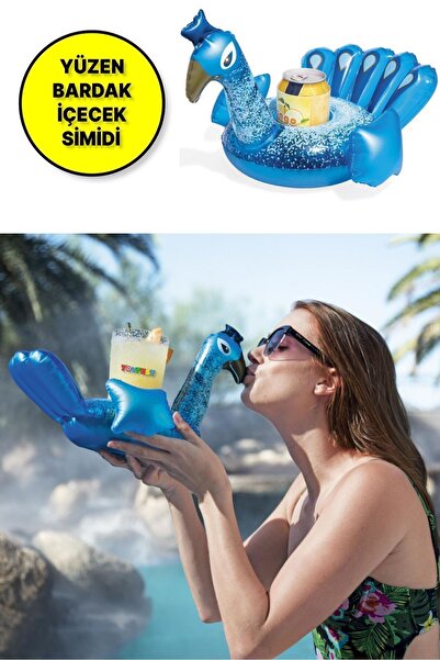 TOYFEST قطعتان - حامل أكواب مشروبات عائم قابل للنفخ مع نموذج البجع والطاووس