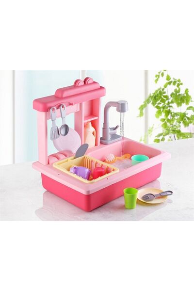 TOYFEST Pilli Ve Sulu Interaktif Mutfak Lavabo Seti Evcilik Oyunu - Pembe Model