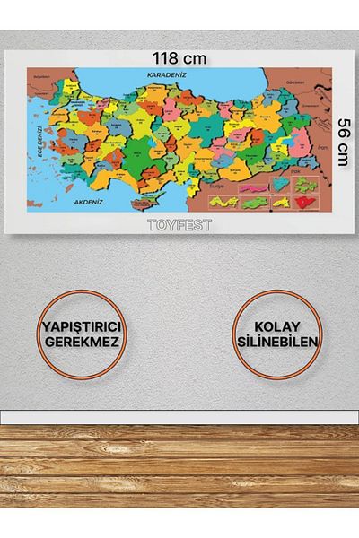 TOYFEST Self-Magnetic Wall-Written and Erasable Colored Türkiye Map 118 X 56 Cm