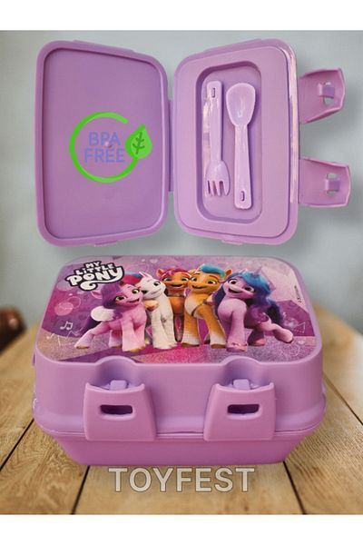 TOYFEST Lock Lid 2 Tiers 4 Compartments Rectangular & Lunch Box with Spoon and Fork - My Little Pony Themed