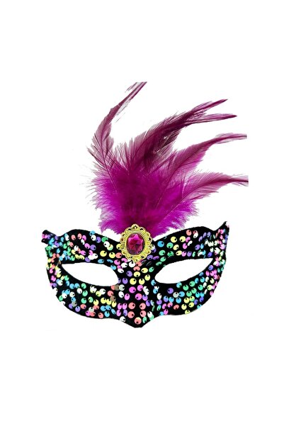 TOYFEST 19x21 cm Black Velvet - Colorful Sequined, Pink Feather and Rhinestones Party Mask