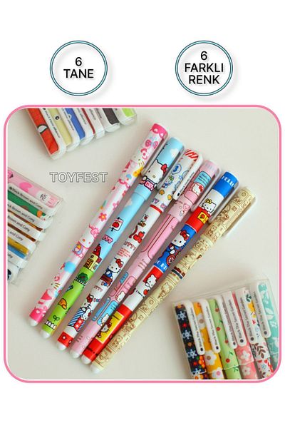 TOYFEST 6 Different Colored Hello Kitty Themed Needle Tip Gel Pen Set with Storage Box