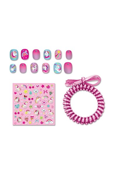 TOYFEST Unicorn Patterned Dazzle Nails - Adhesive Fake Nails Set with Buckle and Bracelet