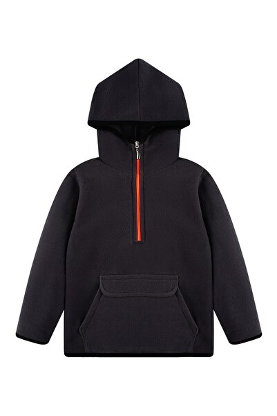 ASL Kids Colors Çocuk Polar Yarım Fermuarlı Kapşonlu Kanguru Cep Sweatshirt Unisex Füme